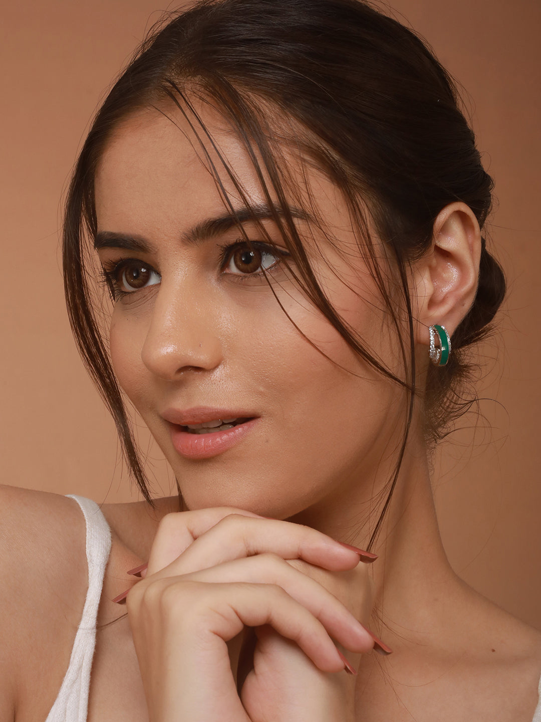 Silver Plated Green Enamelled AD Studded Bali Hoop earrings